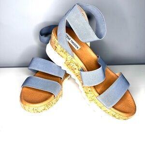 Steve Madden Bandi Cork Platform Sandal with Stretch Elastic Straps Blue size 8